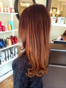 red/brown base with copper and golden balayage highlights. beautiful long red to copper hair