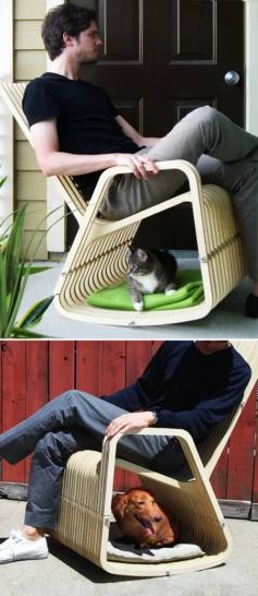 Your pet usually ends up sitting under your chair or a nearby table anyway, so why not design a chair that's for both of you? The “Rocking-2-gether Chair” by Paul Kweton is a hybrid rocking chair and dog/cat house.