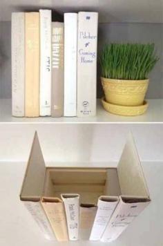 Create your own Hiding Book Safe using a few old books. Carefully remove the binder from the book, line them and glue them onto a small wooden box. Clever!