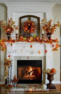 beautiful fall mantle & fireplace decor...the concept of falling leaves is too adorable. #DashandAlbert10Year