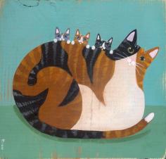 Calico Mother and Kittens Original Cat Folk Art