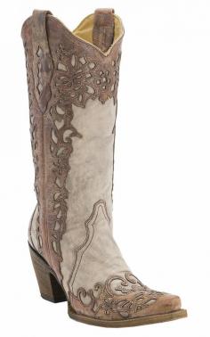 Corral® Ladies Distressed Sand with Cognac Lazer Overlay Snip Toe Cowboy Boots ... if the heal were shorter, they would be perfect