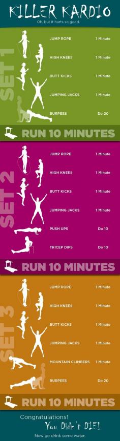 Great cardio circuit with or without the treadmill running portion! You could build up to the running level by level.