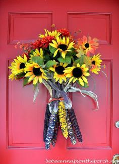 Easy-Fall-Door-Decoration with Sunflowers and Indian corn