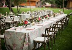 Love how this couple used printed table cloths for their reception! Gorgeous!!  Jason+Gina Wedding Photographers | blog.theknot.com