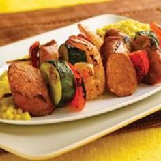Grilled Chipotle Chorizo Chicken Sausage & Shrimp Kabobs -  "Grill these sausage and vegetable skewers and serve with a side of couscous."