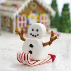 
                        
                            Sledding Marshmallow Snowman: What could be more whimsical than a marshmallow snowman speeding down the drifts on a candy-cane sled? Make for your gingerbread house display!
                        
                    