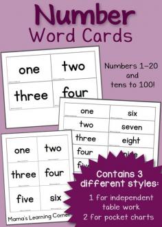 Free printable Number Word Cards: includes 1-20 and tens to 100!  Also includes ideas for use.