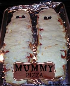 
                        
                            Mummy Pizza - All you need is french bread, pizza sauce, your favorite pizza toppings, mozzarella cheese and 2 sliced olives for eyes.
                        
                    