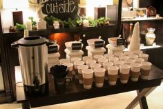 
                        
                            hot chocolate bar and other ideas for baby its cold outside baby shower - use paper cups with labels - have a marker so people can write their name on it and not go through 37 cups each.
                        
                    