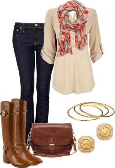 
                        
                            Cognac riding boots and saddlebag purse. Khaki oversized shirt with gold accents. perfect for fall!
                        
                    