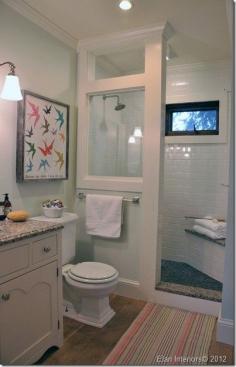 I love the no door walk in shower idea, but have never seen it with the glass wall window. I like that so it lets light in! Bathroom remodel by eloise-loft bathroom