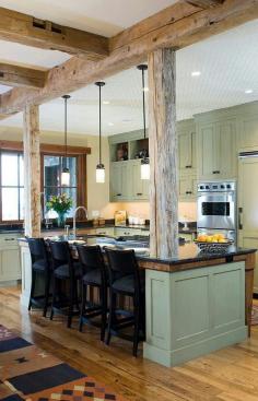 
                        
                            Modern rustic kitchen - love the wood and the sage green cabinets
                        
                    