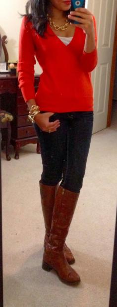 
                        
                            Fall Work Outfit With Long Boots,Jeans and Red Sweater
                        
                    