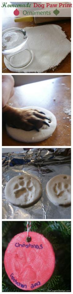 
                        
                            Homemade Dog Paw Print Ornaments. How cute are these? But probably not going to paint it red.
                        
                    