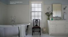 
                        
                            The self standing tub and handheld shower head recreates a vintage, cottage look in this bathroom. While light blue walls and sconce lighting calls for a peaceful setting. #cozy #shabbychic
                        
                    