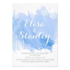 
                        
                            Modern watercolor splash blue winter wedding custom invitation, snowflake and pine tree accents.  Very beautiful, the dark blue almost looks like a silhouette of a mountain in the background.
                        
                    