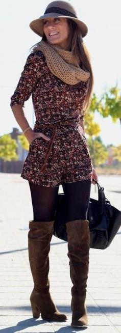 
                        
                            Fall Fashion 2014. Wide brimmed hat, floral romper, black tights, chunky infinity scarf, and the best brown fall leather boots
                        
                    