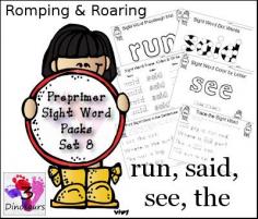 Free Romping & Roaring Preprimer Sight Words Packs Set 8:  run, said, see the - 3Dinosaurs.com