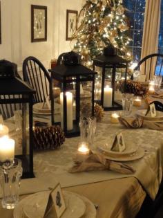 
                        
                            Christmas Table...love the simplicity of the lanterns and pine cones. LOOKS FABULOUS and won't break the bank!!!!
                        
                    