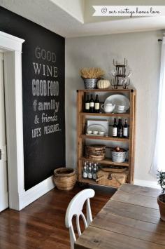 Rustic style. Chalkboard wall, barnwood and farmhouse style table - so need this!