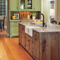 love this old country farm look kitchen - an idea for the forever house/farm. love the green so much.