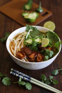 
                        
                            This vegetarian pho is made with a simple ginger broth, which makes it perfect for a busy weeknight dinner. We've replaced the beef with meaty shiitakes.
                        
                    