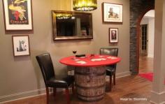 Here's a fun way to add character to your man cave. Use a wooden barrel as the base for a table setup. This is a genius idea to save floor space if you're working with a small room. #manlyideas