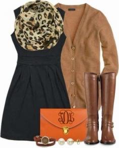 
                        
                            Cheetah scarf, tan cardigan, black dress, handbag and brown long boots
                        
                    
