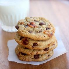 Candied Bacon Chocolate Chip Cookies. I made these and the cookies were chewy and yummy, but I could hardly taste the bacon. I would definitely not go to the trouble and make again. Fun to try, but there are better desserts out there. Definitely wouldn't take to a social, unless you want a little attention ;)