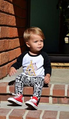 little boy leggings and baseball tee with baby converse