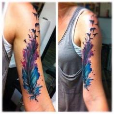 LOVE THIS! But I would want it on my rib with the birds reaching my shoulder. watercolor-feather-tattoo