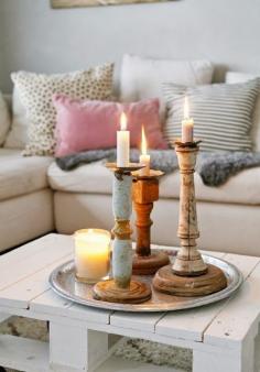 And I like these spindle candleholders...want to keep it simple & dramatic on the rustic table/bar ;)