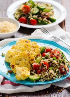 
                        
                            Baked Cauliflower Parmesan Steaks with Wild Rice Salad -- Easy, clean and crunchy meatless dinner my kids loved. #cleaneating
                        
                    