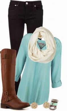 
                        
                            Comfy fall outfits with mint shirt and long boots....
                        
                    