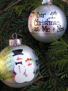 
                        
                            OUR FIRST CHRISTMAS as Mr. & Mrs. Hand painted ornament. $17.95, via Etsy.
                        
                    