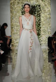 V-neck A-Line Wedding Dress | Reem Acra Wedding Dresses Fall 2015 | Maria Valentino/MCV Photo | Blog.theknot.com