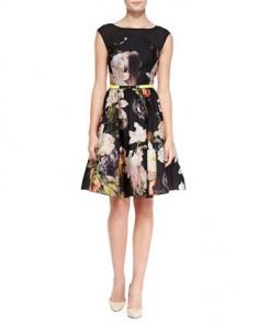 Opulent Bloom-Print Fit-and-Flare Dress, Black at CUSP.