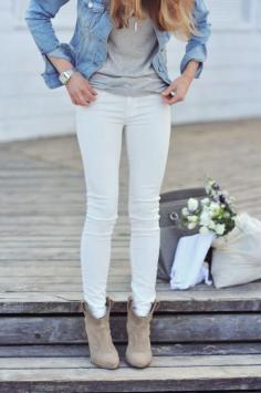 
                        
                            White jeans and ankle boots.
                        
                    