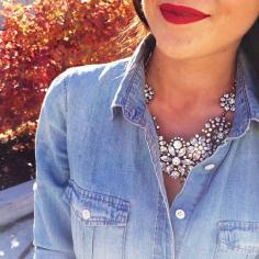 Chambray with a Statement necklace.