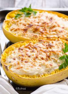 
                        
                            Greek Yogurt Chicken Alfredo Spaghetti Squash Boats -- Light, easy and delicious comfort food. So creamy and rich, you will not believe it is healthy. #cleaneating #glutenfree
                        
                    