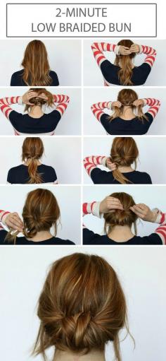 2-minute low braided bun. Yeah, I am thinking my hair will not do this but I am going to try.
