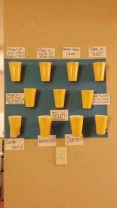 New cheap drinking game my friends and I invented! Hot glue solo cups to a poster board and then make up your own rules! The two cups in the middle on the bottom row are glued away from the poster board by toilet paper rolls to add a higher level of difficulty. Really fun! We call it Wall Ball!