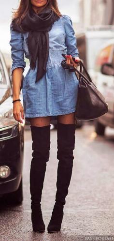 
                        
                            Adorable fall street fashion denim dress, scarf and long boots
                        
                    