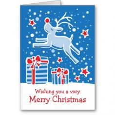 Reindeer prancing over gifts blue Christmas card