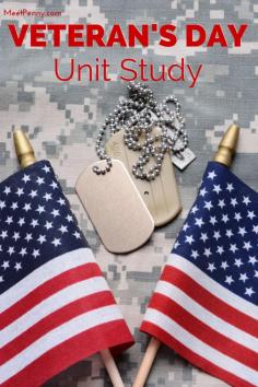Links to create a Veteran's Day unit study and a printable pack of worksheets and activities for PreK-4th grade