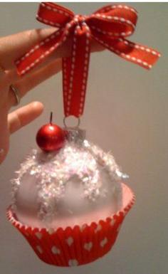 
                    
                        Make your own Cupcake Ornament. Dollar store bulb, cupcake paper, some glitter and ribbon. Freaking CUTE!
                    
                