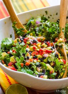 
                    
                        Healthy Creamy Mexican Kale Salad -- Hearty vegetables tossed with a tangy cumin flavoured dressing. Perfect for hot summer days and 10 g of fiber per serving will fill you up.
                    
                