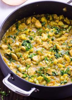 
                    
                        30 Minute Chicken and Cauliflower Yellow Curry Recipe -- Easy, healthy and budget friendly comfort food. Can be made vegan and it is gluten free. #cleaneating
                    
                