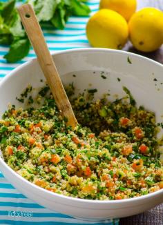 
                    
                        Quinoa Tabbouleh Salad Recipe -- Refreshing quinoa salad chock full of fresh garden vegetables. Keeps your kitchen cool and can be prepped ahead, which makes it perfect for a potluck or a backyard party.
                    
                